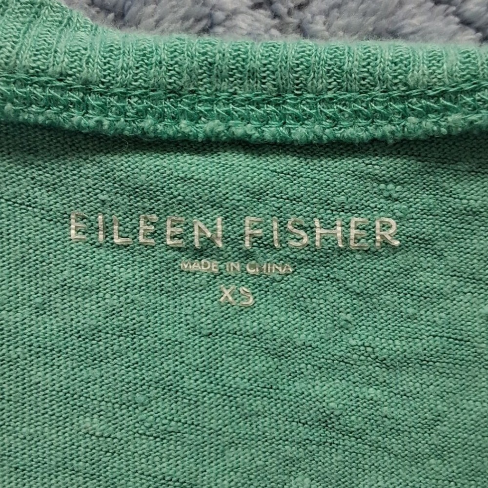 Eileen Fisher Green 100% Linen Knit Scoop Neck 3/4 Sleeve Pocket Top XS - Picture 4 of 8